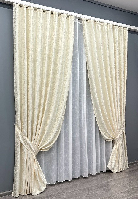 Комплект штор VR-Textil Льон Мармур 100х270 2шт і Тюль 400х270 1908ш-115т Молочний з білим 71-128/2 Київ - фото 2