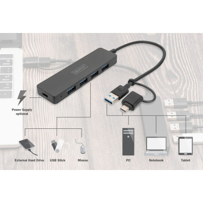 Концентратор Digitus USB-C + USB-A to 4xUSB-A 0.2m black (DA-70235) Винница - изображение 4