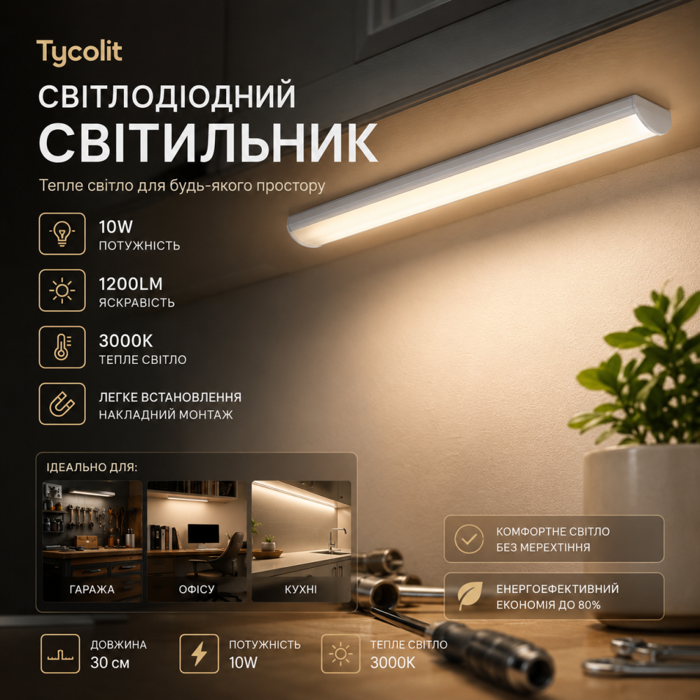 Уцінка: Світлодіодний світильник Tycolit 30 см (10W, 1200LM) — Тепле світло 3000K для гаража, офісу або кухні Київ - фото 10