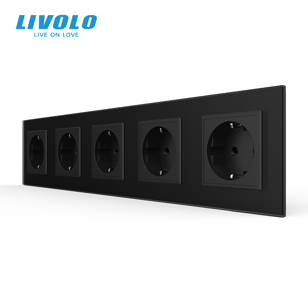 LIVOLO П’ятимісна електрична розетка з заземленням LIVOLO, чорна, скляна матова рамка, шторки, Коломия - фото 1