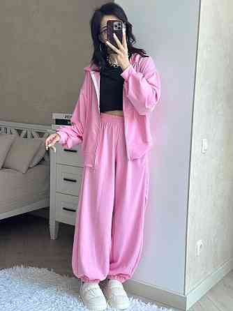 Жіночий прогулянковий оверсайз костюм-двійка: кофта та штани двонитка Рожевий Одеса
