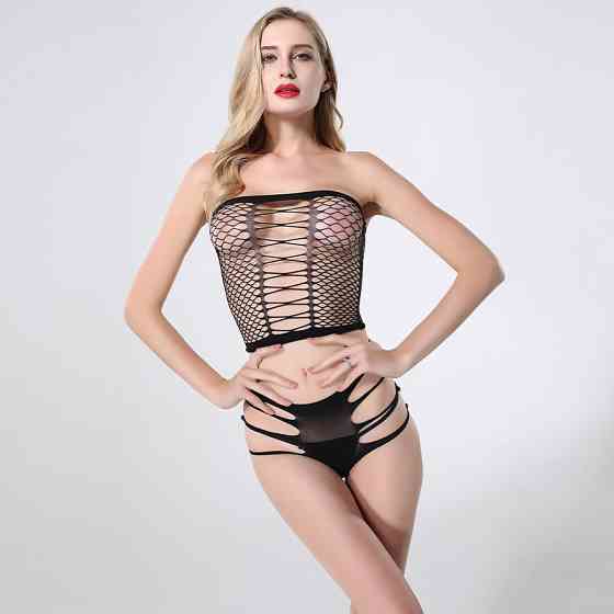 Еротичний комплект топ і трусики мереживні з сітки, жіноча білизна, зріст: 145–185 см, універсальний One Size чорний, 7080 Кам'янець-Подільський