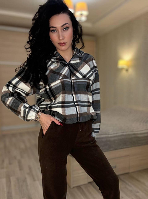 Женский прогулочный теплый костюм: кофта в клетку и штаны турецкий двусторонний флис Коричневый, 46/48 Одесса - изображение 5