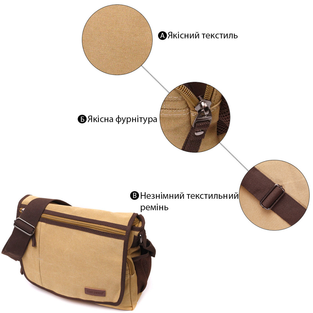 Практична сумка через плече для ноутбука 13" із щільного текстилю Vintage 22202 Пісочний Київ - фото 5
