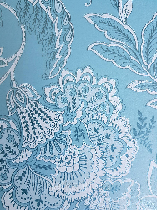 Шпалери флізелінові еко Rasch Sophia 0.53х10 рослинний принт квіти листя срібло білі на бірюзовом3д Київ - фото 3