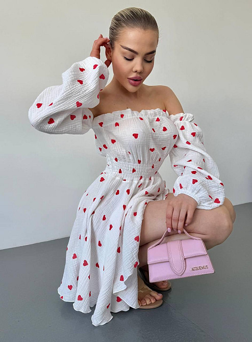 Жіноча романтична міні сукня у сердечки з відкритими плечами муслін 100% бавовна Одеса - фото 6