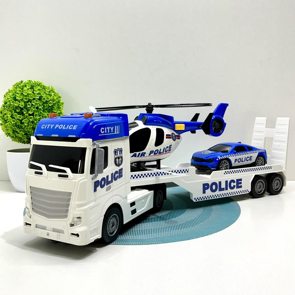 Трейлер Поліцейська машина звуки підсвічування інерція гумові шини машинка вертоліт Синій (666-66 F) Чернігів - фото 1