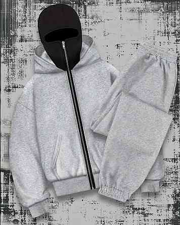 Женский стильный оверсайз костюм с маской из зип-худи и брюками трехнитка на флисе + микродайвинг Серый Одесса