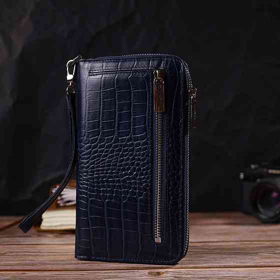 Зручний клатч для жінок із натуральної шкіри із тисненням під крокодила Синій (CANPELLINI) Київ