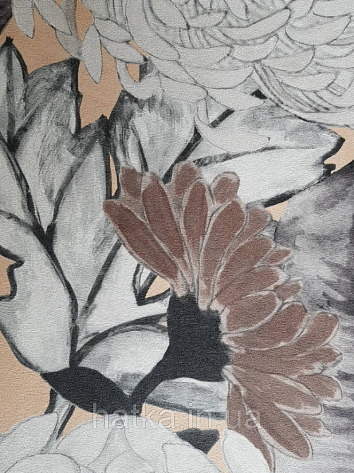 Шпалери вінілові Decoprint Breeze квіти хризантеми великі сірі білі чорні коричневі акварель 0.53х10 м Київ - фото 3
