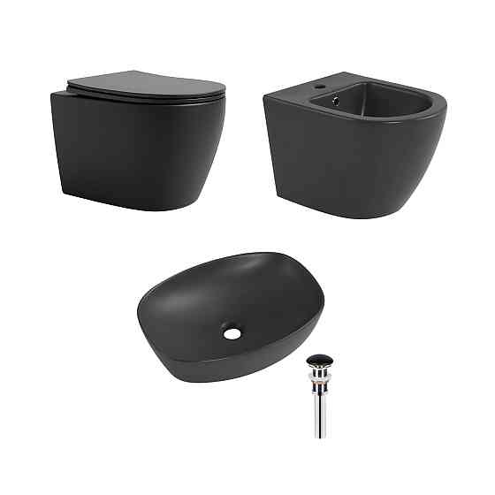 Комплект Qtap Robin Anthracite 3 в 1: унитаз подвесной Ultra Quiet + биде подвесное + раковина накладная QTROBAN49157 Киев