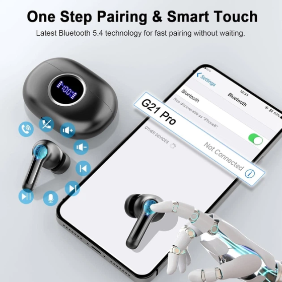 Беспроводные наушники Rinsmola TWS Bluetooth 5.4, 14,2 мм, ENC, IPX7, 40 часов, USB-C, сенсорное управление, Black Киев