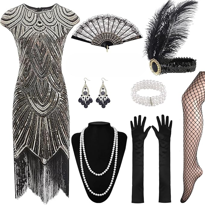 Сукня Гетсбі 20-х коктейльна з паєтками бахромою, пов’язкою прикрасами перчатками, жіночій ретро образ флаппер Чарльстон Хелловін Київ - фото 1