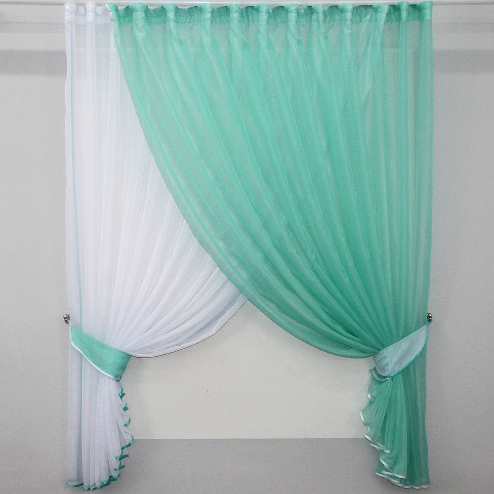 Кухонні шторки VR-Textil № 060к "Дует" з підв'язками бірюзовий з білим 330х170 см (50-323) Київ - фото 1