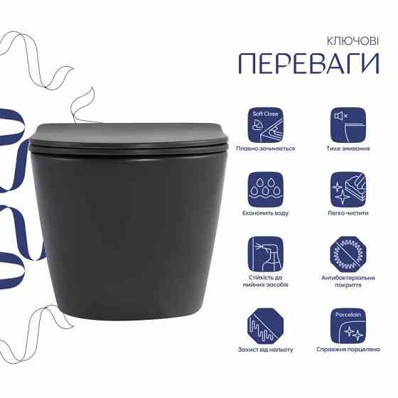 Унітаз підвісний Qtap Robin Ultra Quiet 520×365×340 мм, Anthracite, із сидінням Slim Duroplast/Soft-close/Quick Release Київ