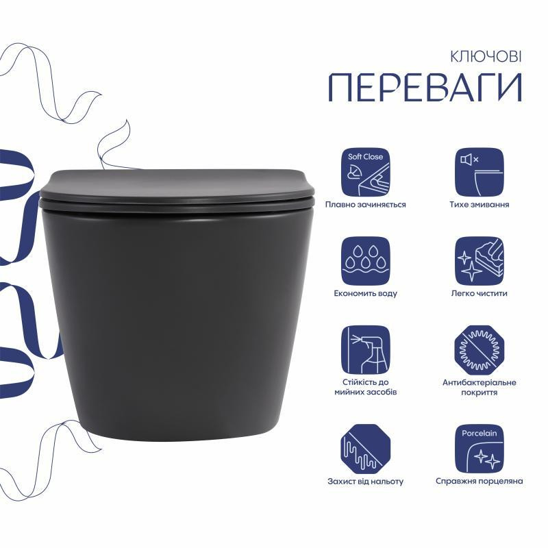 Унітаз підвісний Qtap Robin Ultra Quiet 520×365×340 мм, Anthracite, із сидінням Slim Duroplast/Soft-close/Quick Release Київ - фото 3