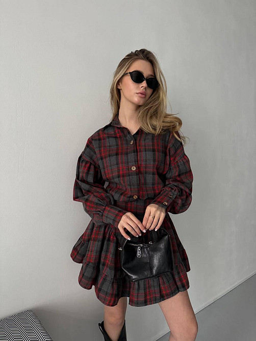 Жіночий стильний костюм-двійка: сорочка та спідниця в карту тіар Графіт, 42/44 Одеса - фото 4