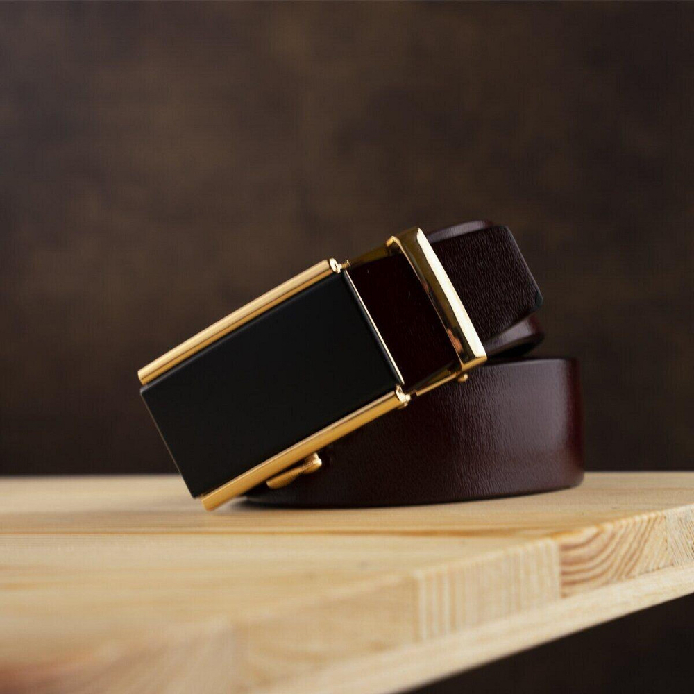 Ремень мужской c золотистой прямоугольной пряжкой Vintage 20260 Коричневый Киев - изображение 6