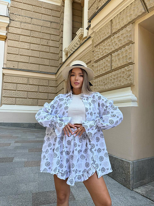 Жіночий принтований костюм-двійка: сорочка та шорти з натурального мусліну Білий, 48/50 Одеса - фото 8