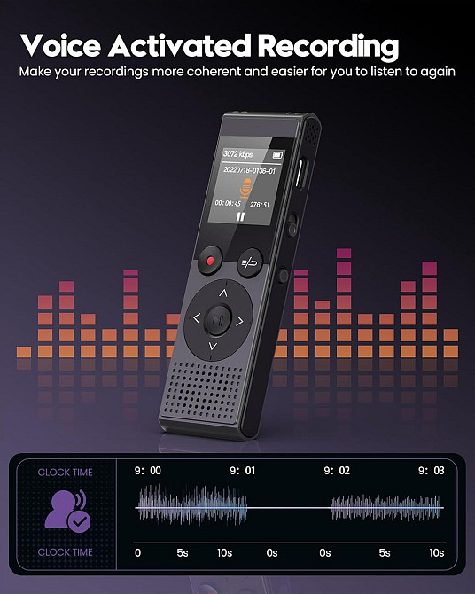 Диктофон QIUOIO V12 128GB голосовая активация 1536 Кбит/с перезаряжаемое устройство записи с USB-C для лекций встреч интервью Днепр - изображение 3