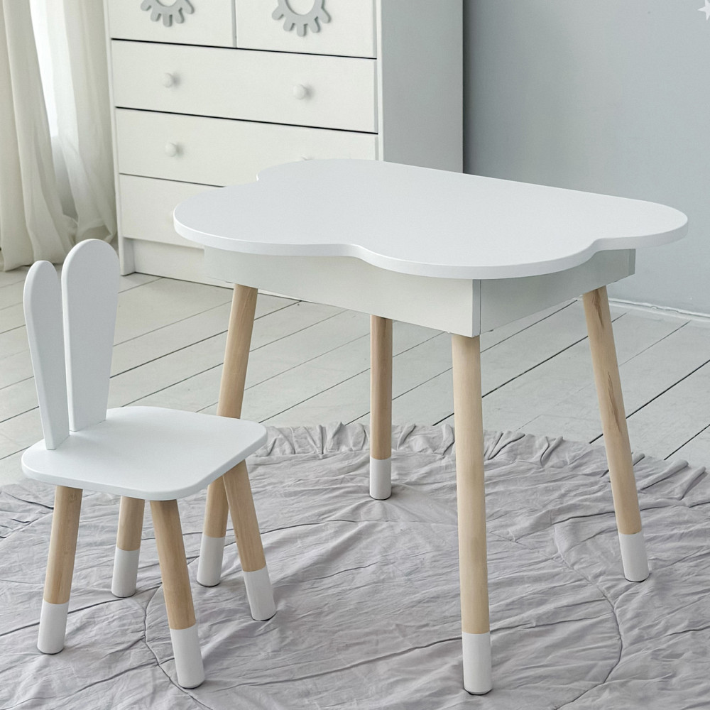 Столик хмаринка з нішею яка підіймається 54х68х50 і стільчик вушка зайчика 26х26х24, стіл та стілець в дитячу, білий Кам'янське - фото 2