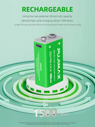 Аккумуляторная батарея Pujimax 9В 4600 мВт/ч Type-C модель 6F22 для металлоискателя (2 шт.) Зеленый Киев