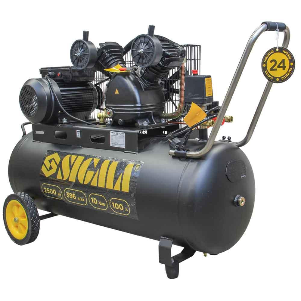 Компрессор двухцилиндровый ременной (V) 2.5кВт 396л/мин 10бар 100л (2 крана) SIGMA (7044151) Киев - изображение 1