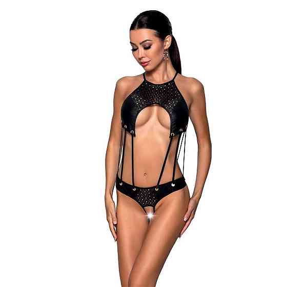 Боді з відкритим доступом Passion TASMINA BODY XXL/XXXL, black, екошкіра, шнурівки, ажурні мережива Sex Aura Київ