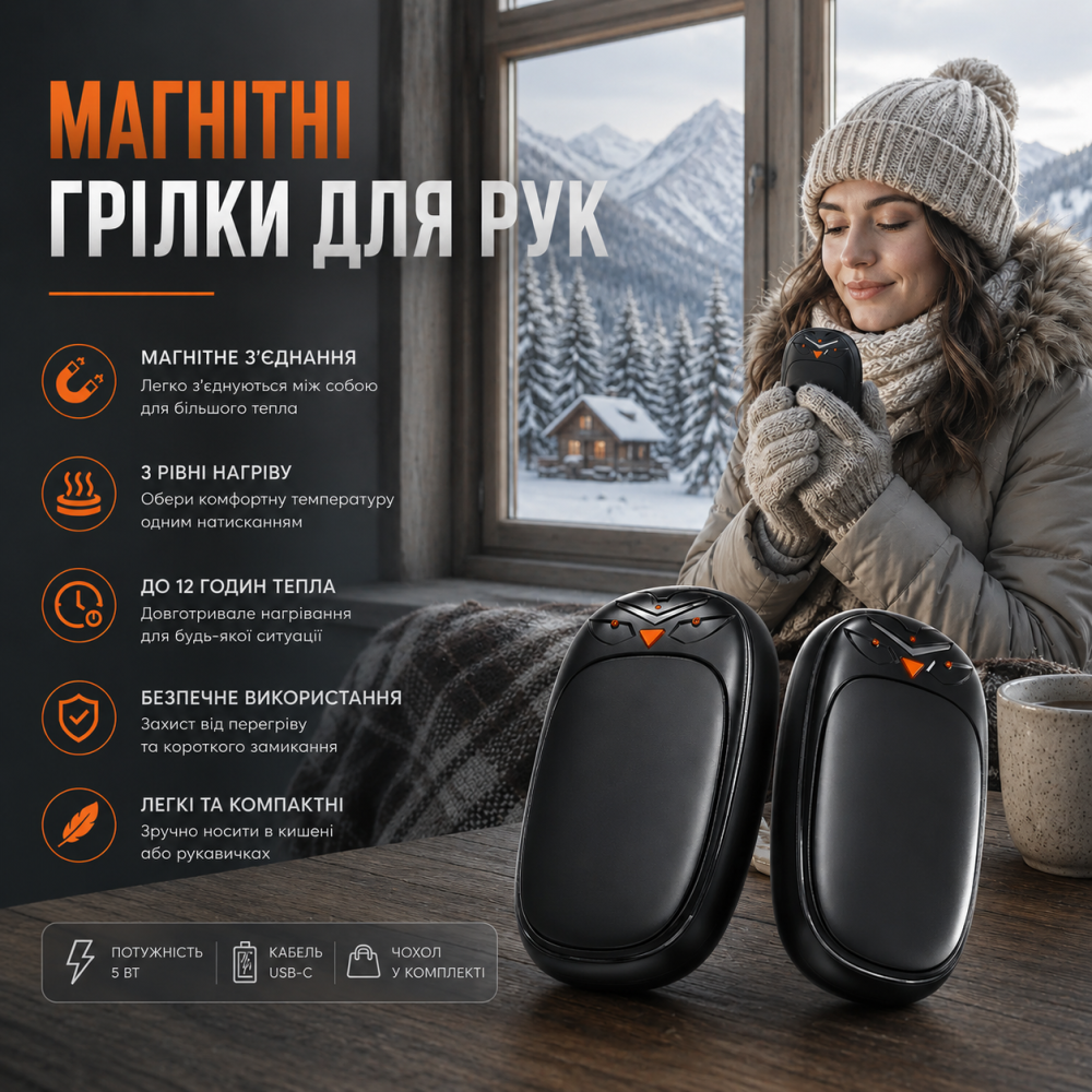 Аккумуляторные магнитные грелки для рук 5 Вт 3 уровня нагрева: умный портативный USB двойной подогреватель для рук, ABS Киев - изображение 9