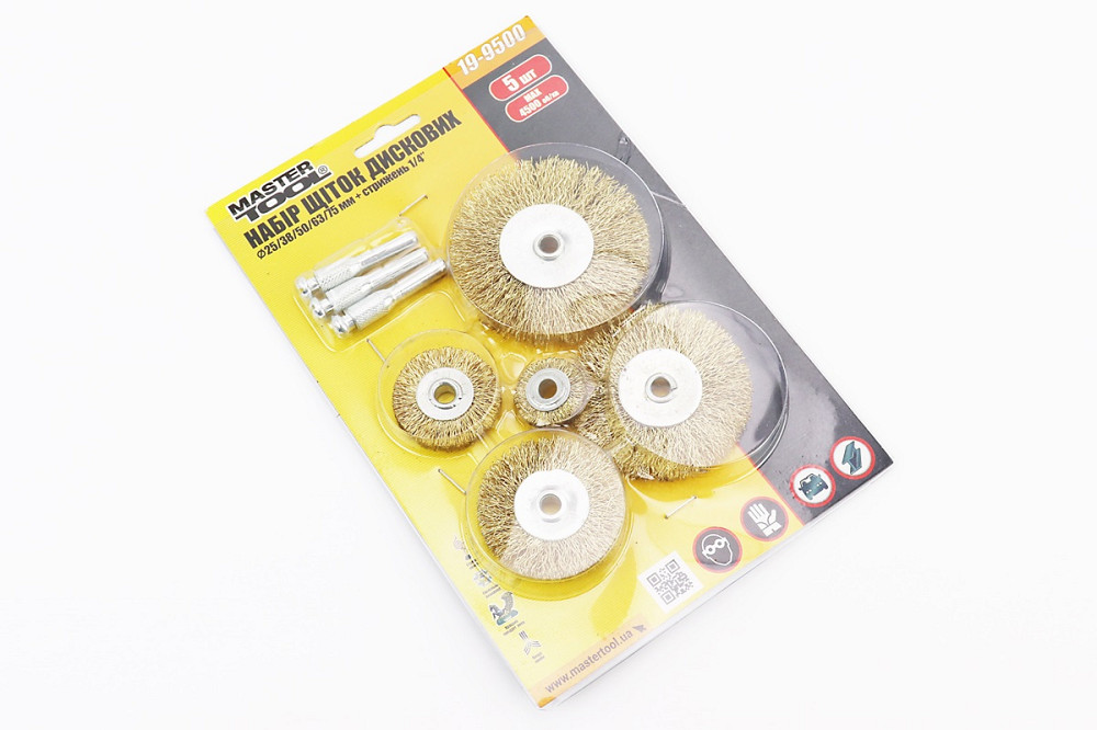 Набір щіток 5шт - диск. зі стрижнем 1/4" D-25/38/50/63/75 з латунованого рифленого дроту 19-9500 Київ - фото 2