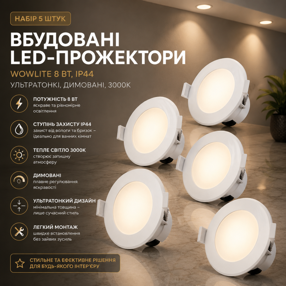 Вбудовані LED-прожектори Wowlite 8Вт, IP44: Набір з 5 шт., Ультратонкі, Димовані, 3000К (Уцінка) Київ - фото 10