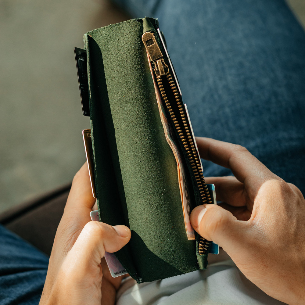 Клатч чоловічий шкіряний Лонгер Зелений стильний на кнопках 20х10 см з відділеннями для купюр, карт та монетMasterSem Київ - фото 8