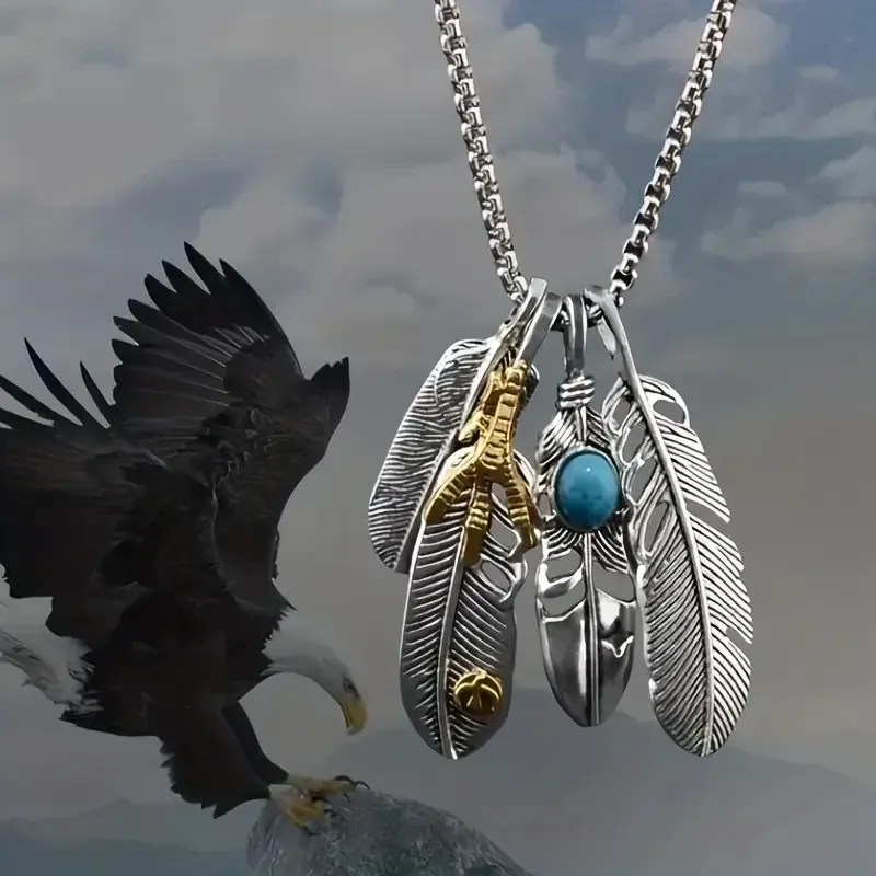 Підвіска з пір’ям і бірюзовим каменем – етно кулон на ланцюжку Київ - фото 2