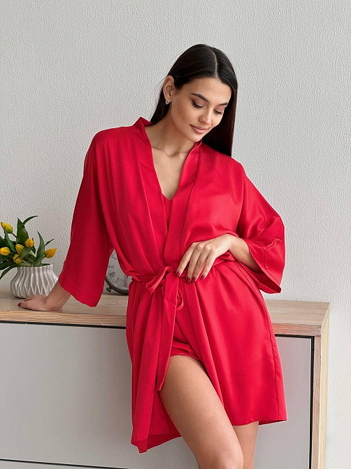 Халат женский атласный под пояс длина 90см Красный 3XL/4XL Харьков - изображение 6
