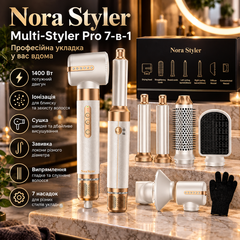 Стайлер для волосся Nora Styler Multi-Styler Pro 7-в-1, 1400 Вт, іонізація, сушка, завивка, випрямлення Київ - фото 1