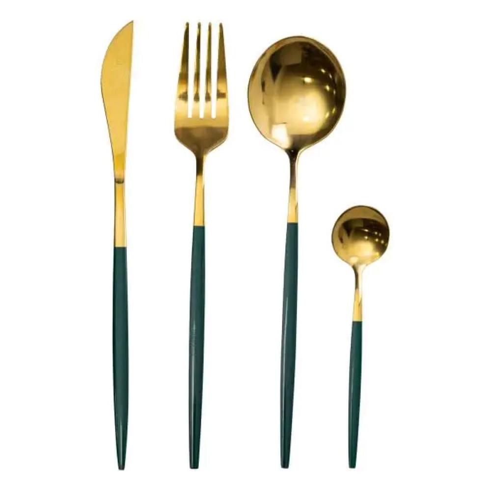 Набір столових приборів 24 предмети столовий набір на 6 персон Золотистий з зеленим HP-20-48 Коломия - фото 1