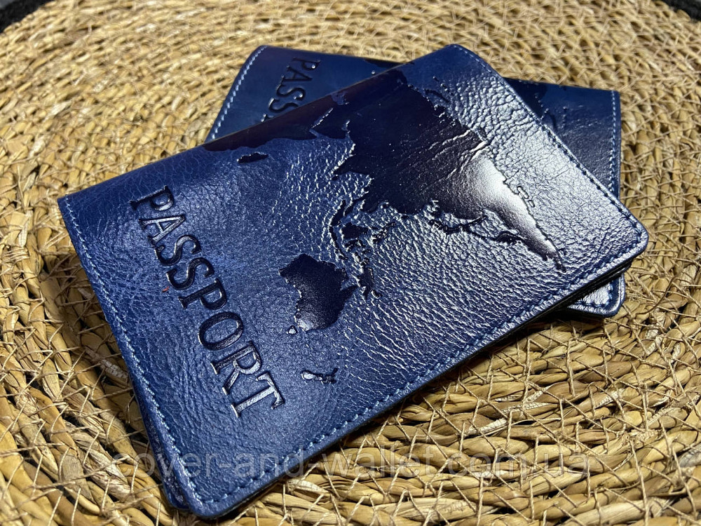 Синя шкіряна обкладинка на паспорт карта світу ST Leather Київ - фото 5