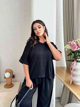 Жіночий легкий костюм оверсайз: футболка та штани жатий шовк Чорний, 3XL/7XL Одеса