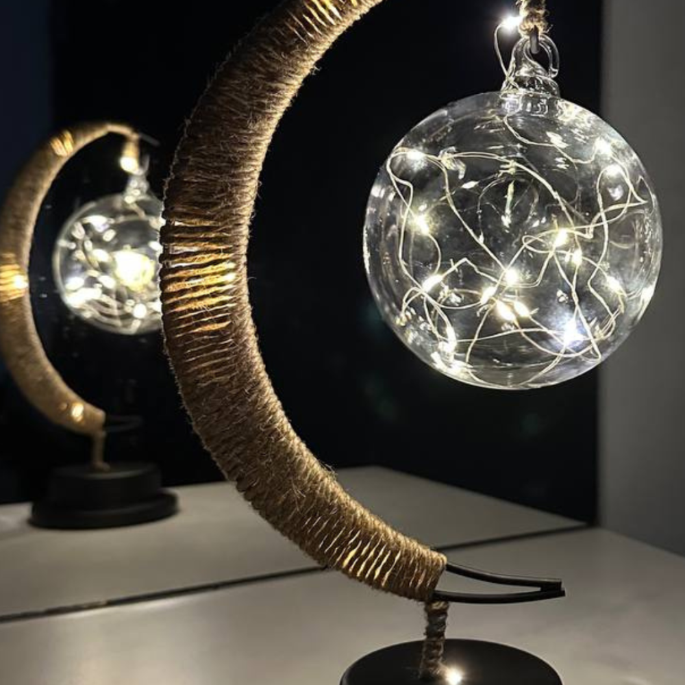 Світильник на батарейках нічник у формі місяця Niki Light металевий каркас та конопляна мотузка теплий білий Київ - фото 8