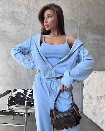 Женский прогулочный костюм тройка: кофта топ и штаны двунитка Одесса