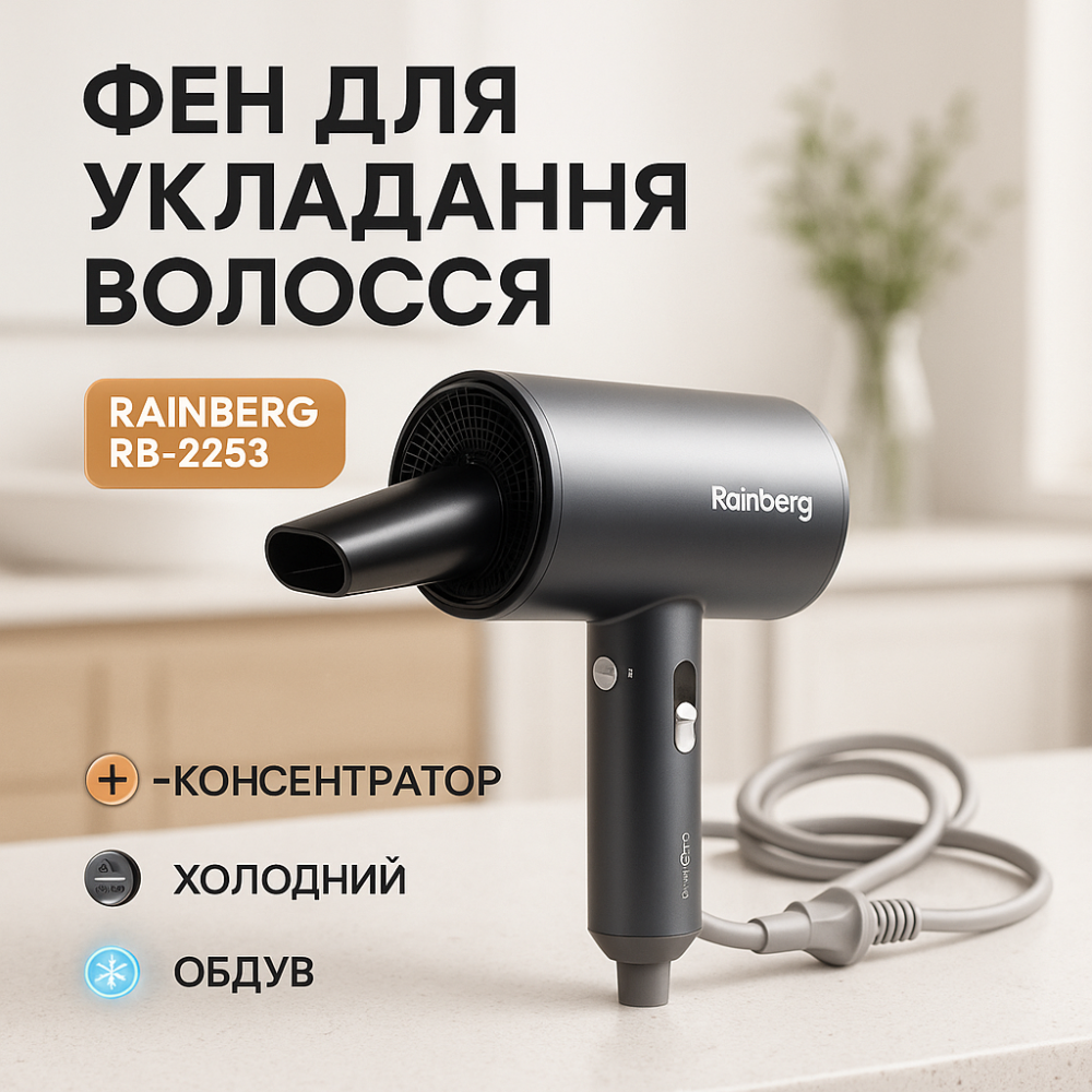 Професійний фен для волосся з іонізацією Rainberg RB-2253 2000Вт Gray LJ-31 Львів - фото 17