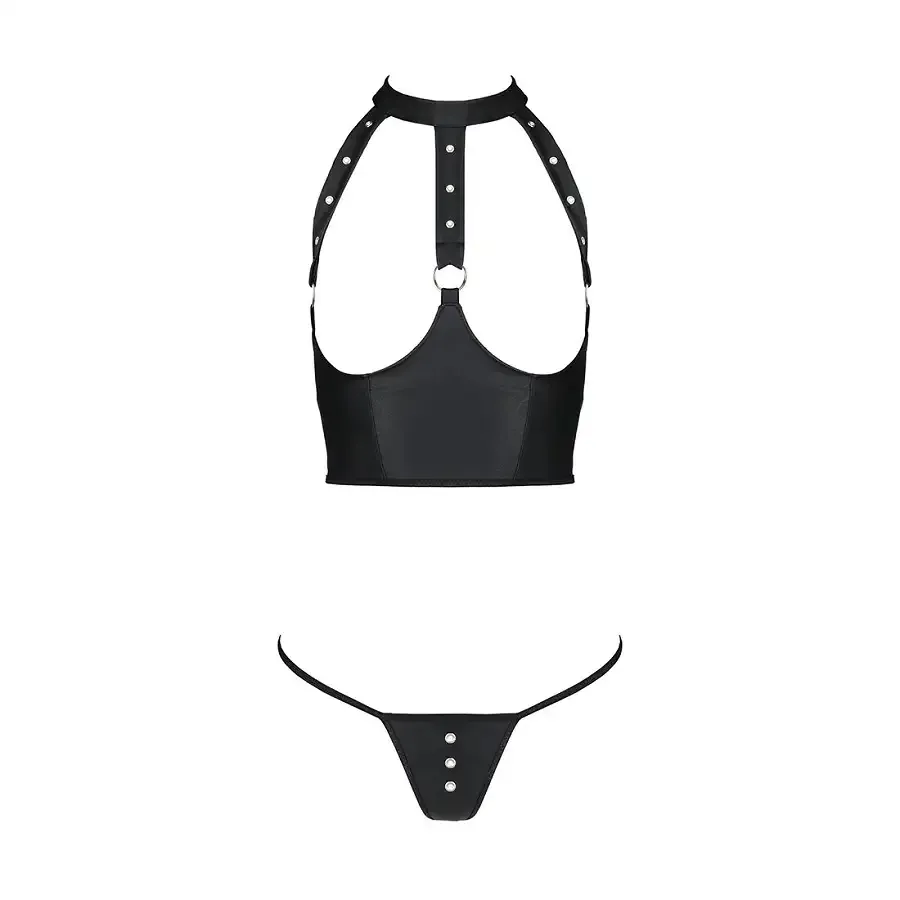 Комплект білизни з відкритими грудьми Passion GENEVIA SET WITH OPEN BRA S/M black, корсет, стрінги Львов - изображение 3