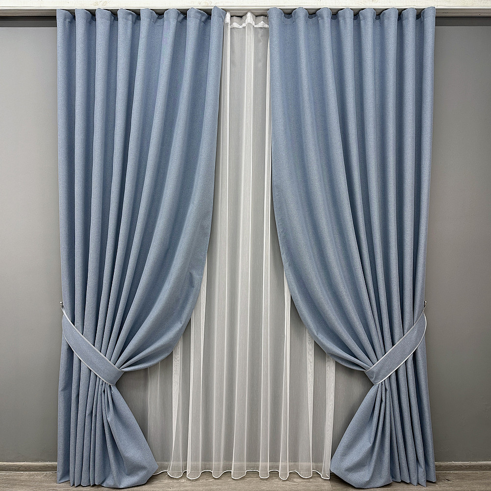 Комплект штор VR-Textil 100% блекаут ASHEN NIGHT 100х270 2шт і Тюль 300х270 1839ш-1153т блакитний з білим 71-069/1 Київ - фото 1