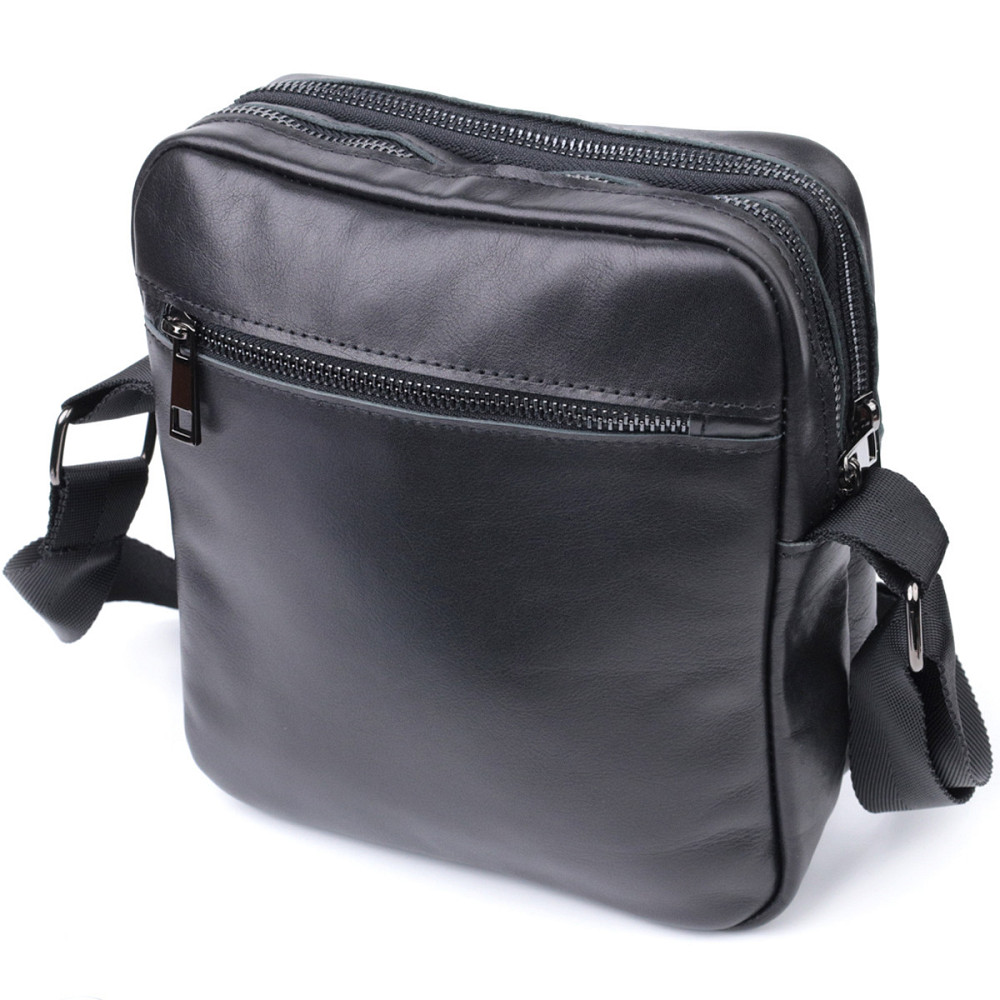 Класична чоловіча сумка месенджер із глянсової натуральної шкіри Shvigel 22846 Чорна Київ - фото 2