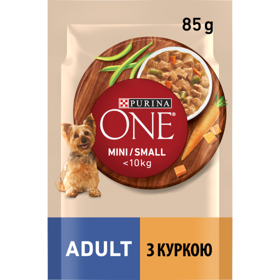 Влажный корм PURINA ONE Mini/Small для взрослых собак мелких пород, кусочки в соусе, с курицей, морковью и зеленой фасолью, 85 г Киев