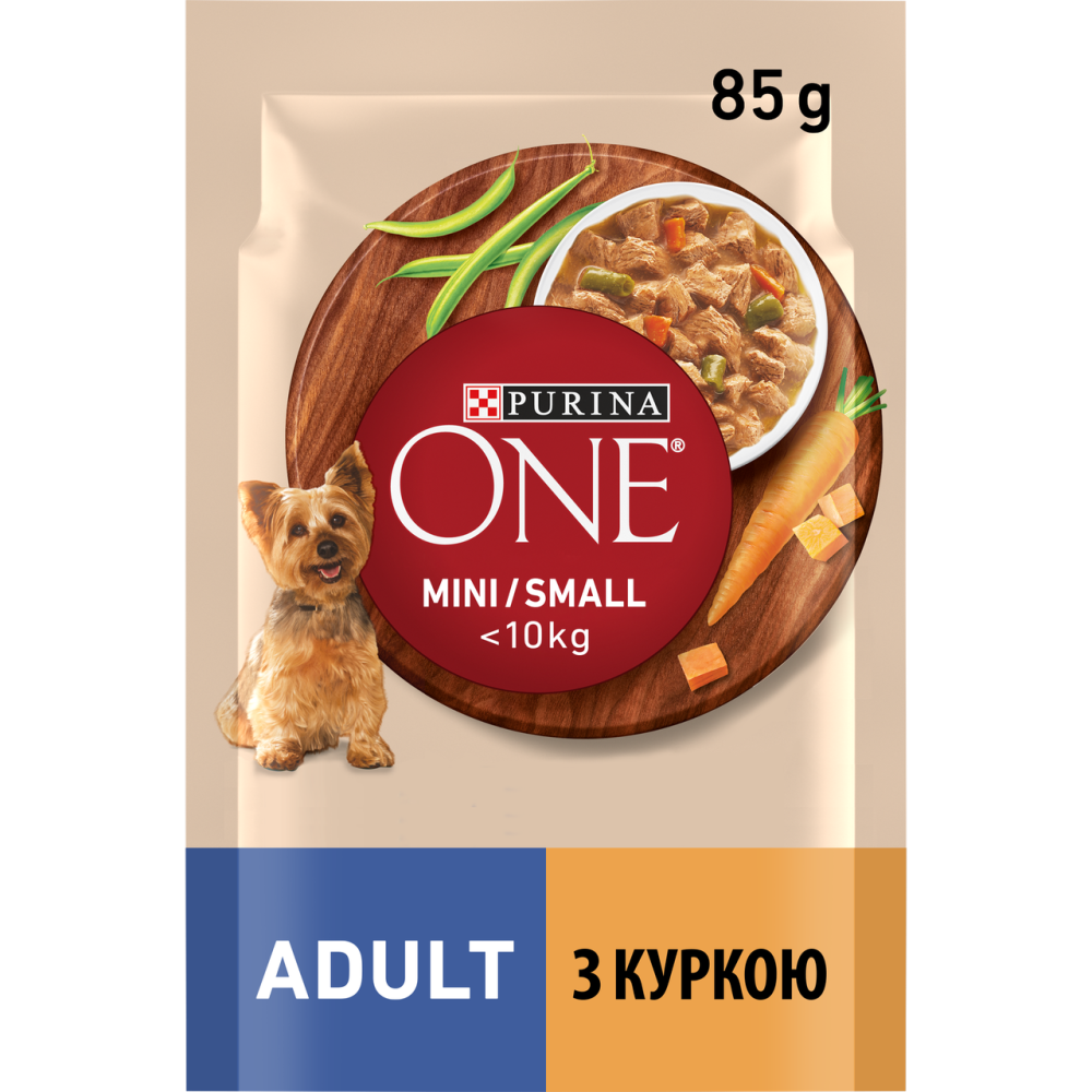 Влажный корм PURINA ONE Mini/Small для взрослых собак мелких пород, кусочки в соусе, с курицей, морковью и зеленой фасолью, 85 г Киев - изображение 1