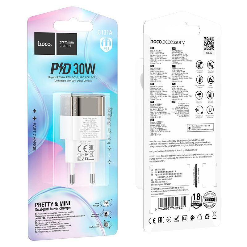 Сетевое зарядное устройство HOCO C131A Platinum dual-port PD30W+QC3.0 charger(EU) Transparent black Одесса - изображение 2