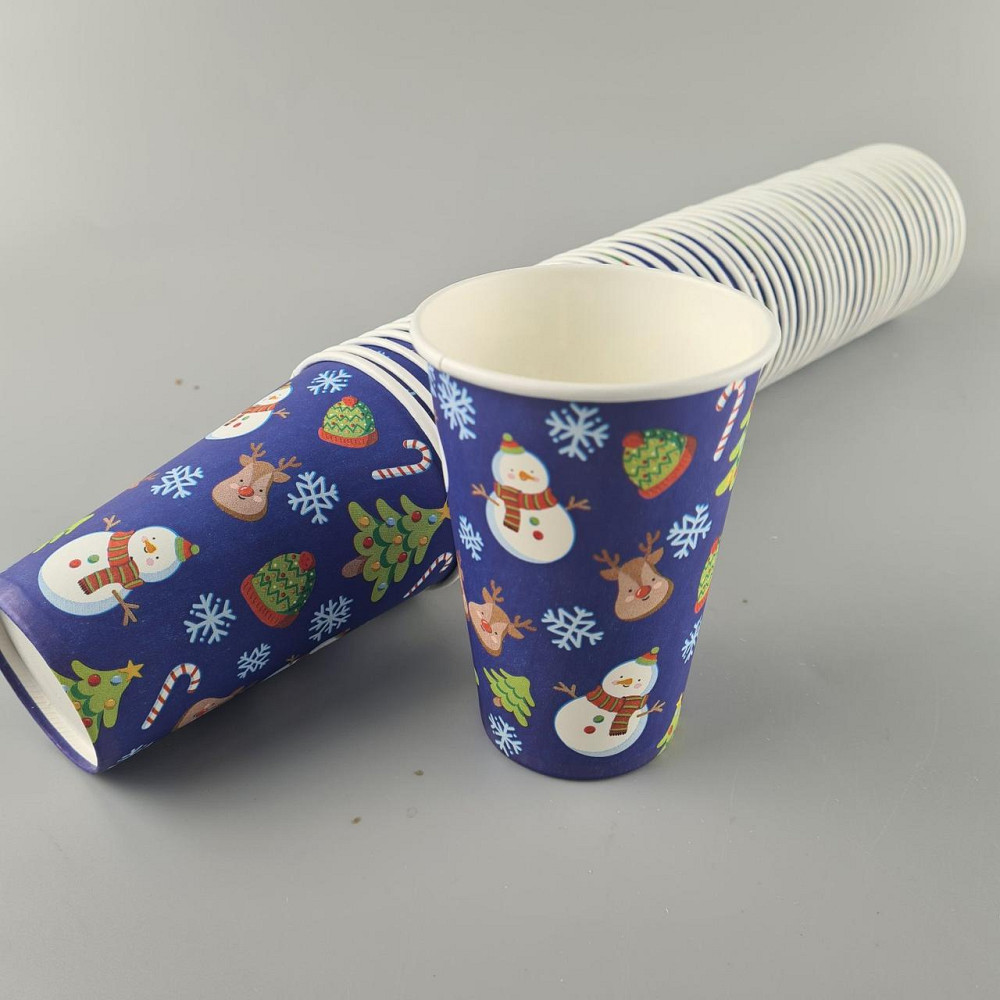 Стаканы бумажные одноразовые 340 мл НГ "СНЕГОВИК НА СИНЕМ"   (50 шт) Харьков - изображение 1