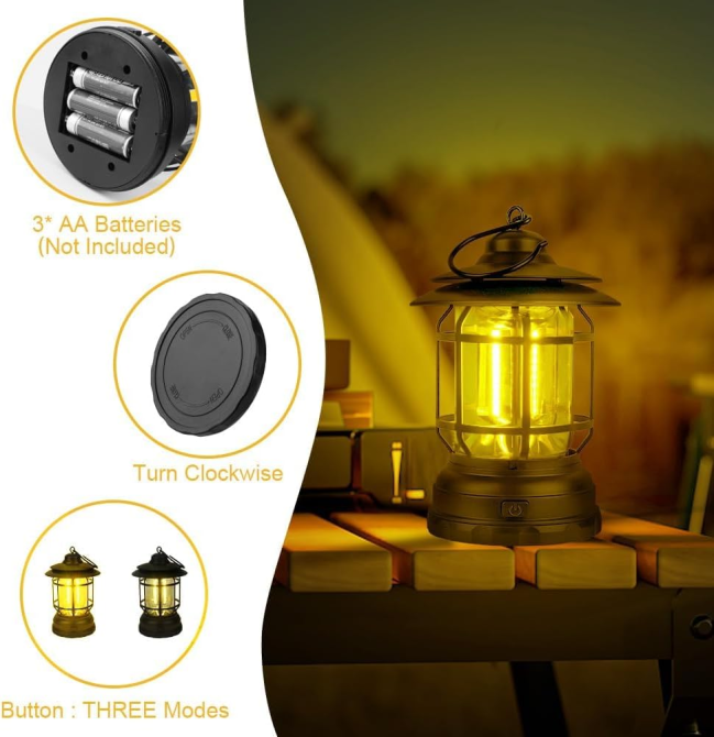 Кемпинговый фонарь Flintronic, ретро LED COB, 360° теплый свет, диммер, IPX4, на 3 батарейках AA, подвесной Киев - изображение 7
