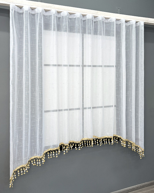 Кухонная арка VR-Textil № 000к лен с бахромой белый с золотистым 270х120 см (51-265) Киев - изображение 2